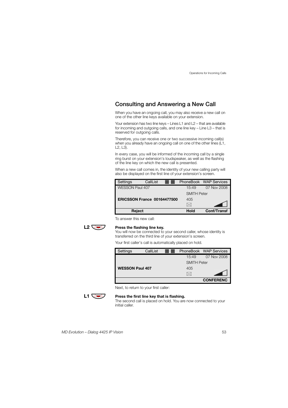 Consulting and answering a new call | AASTRA 4425 IP Vision for MD Evolution User Guide User Manual | Page 53 / 224