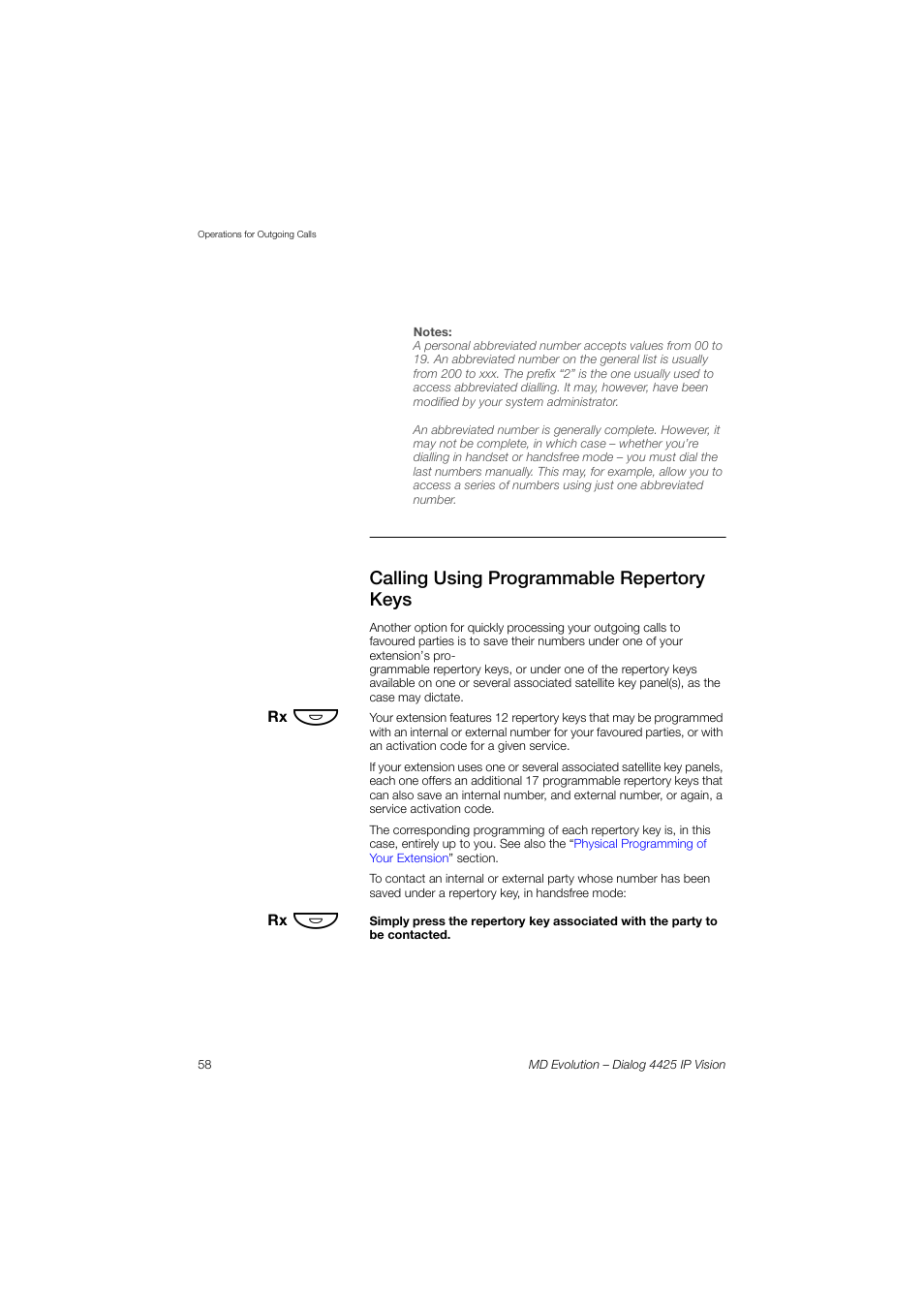 Calling using programmable repertory keys | AASTRA 4425 IP Vision for MD Evolution User Guide User Manual | Page 58 / 224