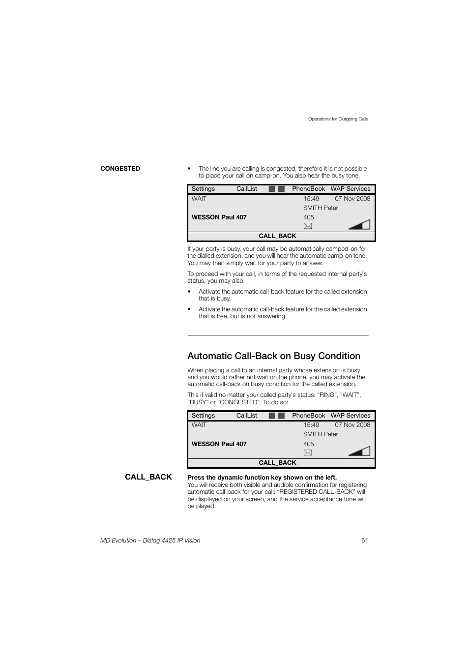 Automatic call-back on busy condition | AASTRA 4425 IP Vision for MD Evolution User Guide User Manual | Page 61 / 224