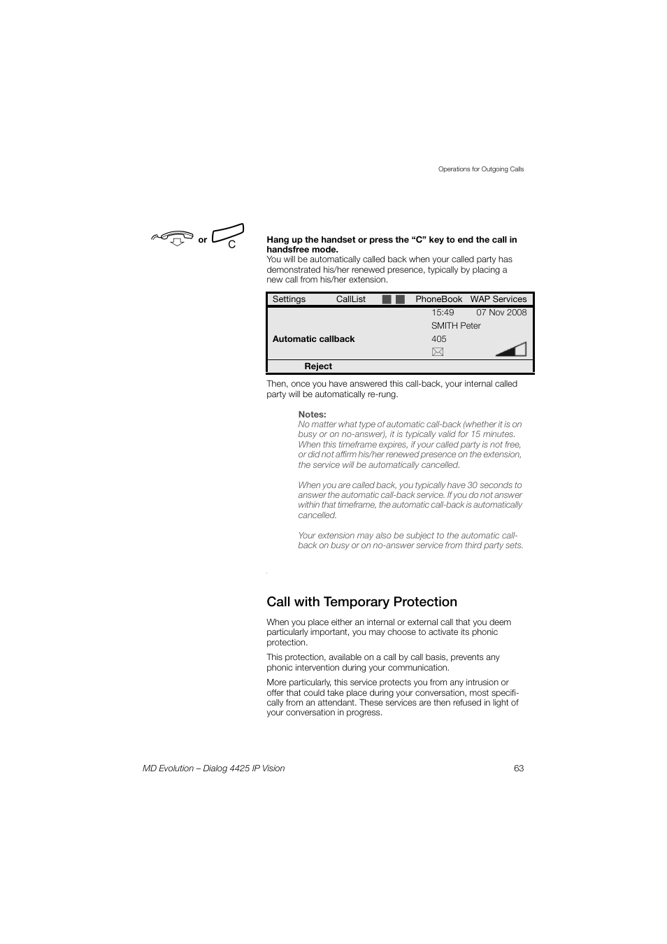Call with temporary protection | AASTRA 4425 IP Vision for MD Evolution User Guide User Manual | Page 63 / 224