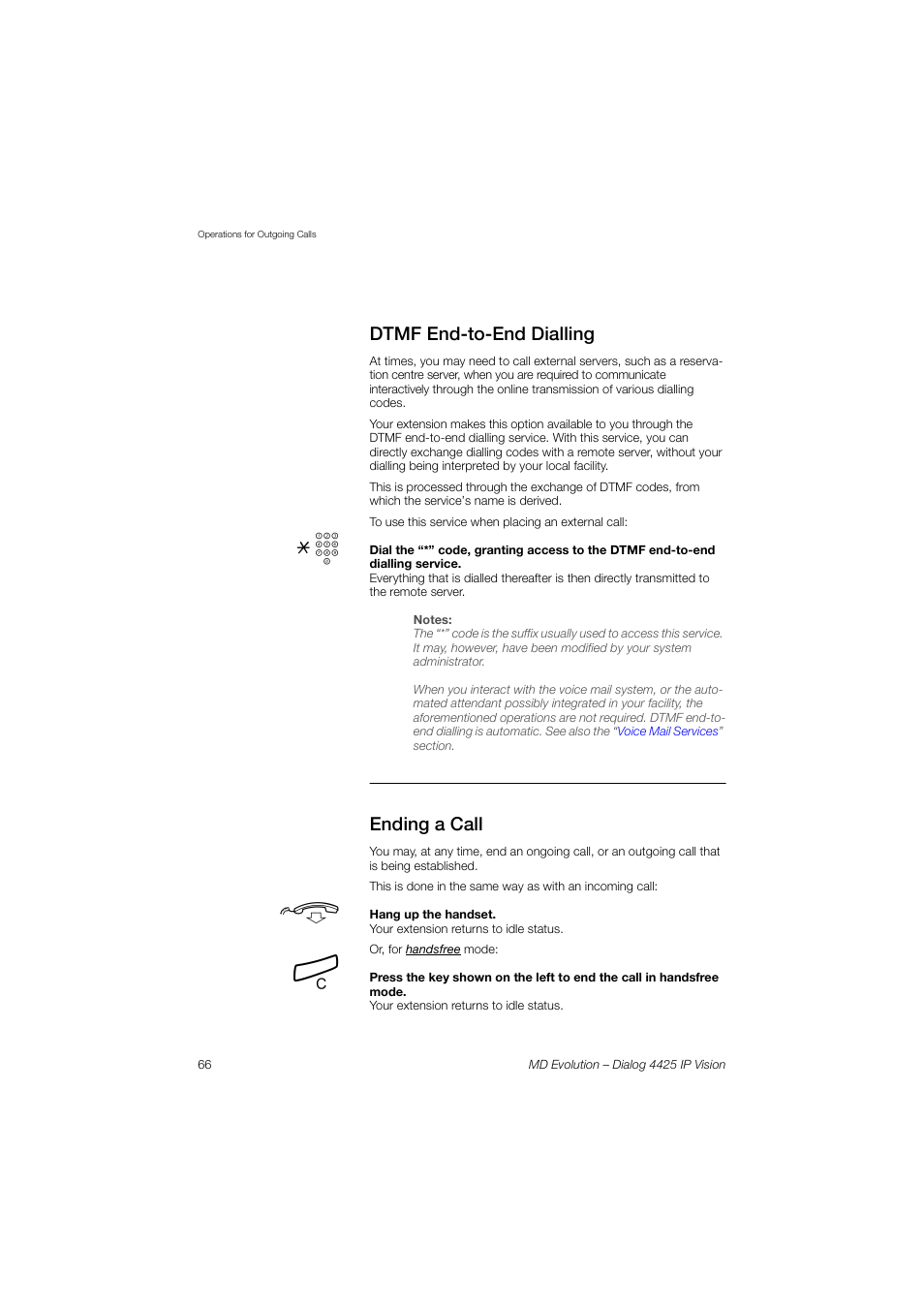 Dtmf end-to-end dialling, Ending a call | AASTRA 4425 IP Vision for MD Evolution User Guide User Manual | Page 66 / 224