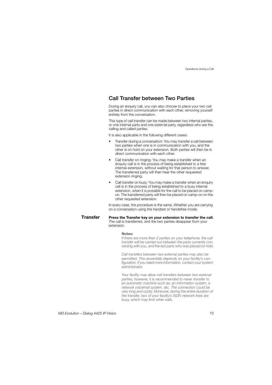 Call transfer between two parties | AASTRA 4425 IP Vision for MD Evolution User Guide User Manual | Page 73 / 224
