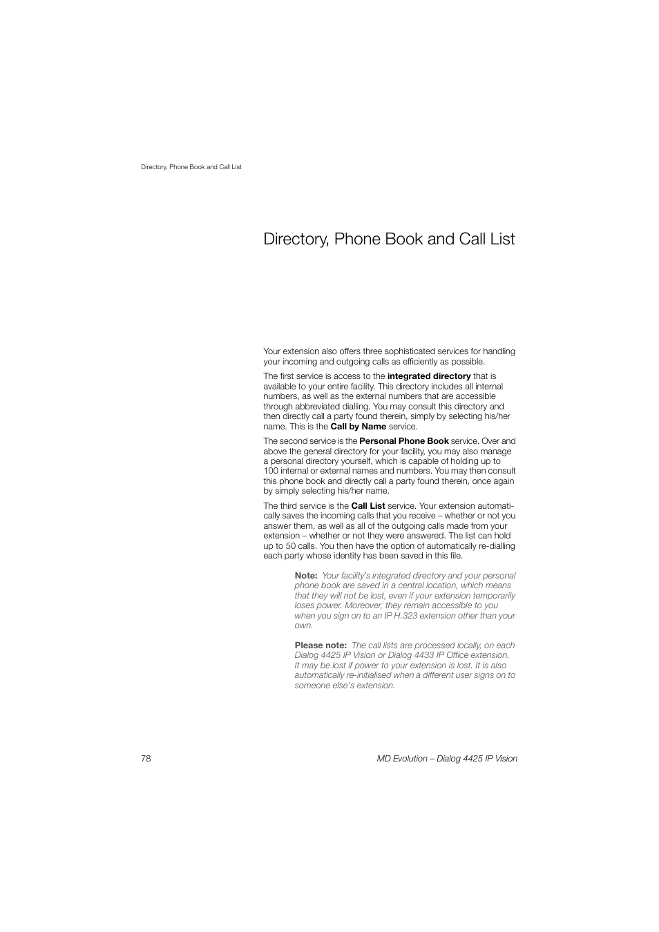 Directory, phone book and call list, Sect, See the | Directory, phone book, And call list, Section, Directory, phone book and call, List | AASTRA 4425 IP Vision for MD Evolution User Guide User Manual | Page 78 / 224