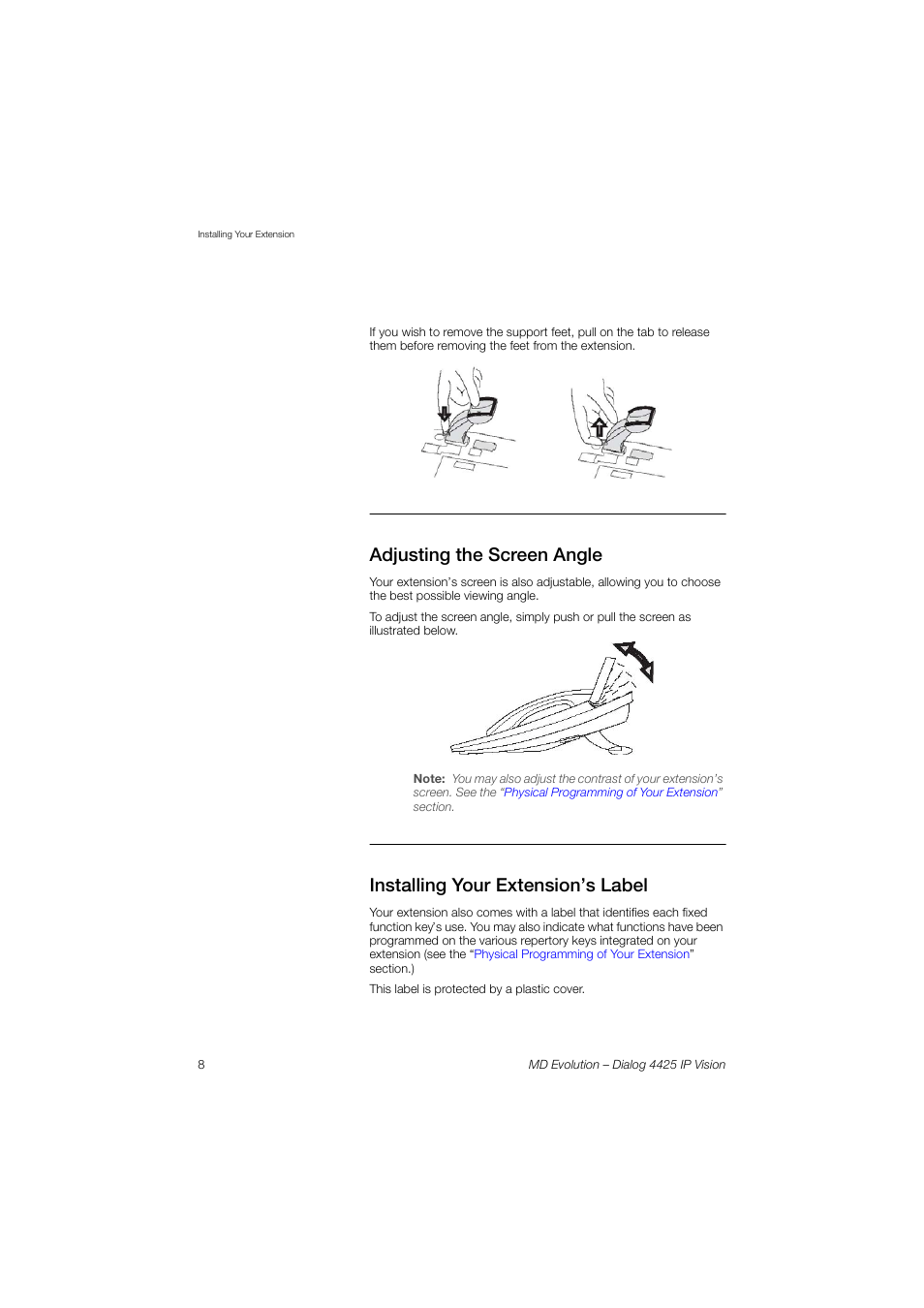 Adjusting the screen angle, Installing your extension’s label | AASTRA 4425 IP Vision for MD Evolution User Guide User Manual | Page 8 / 224