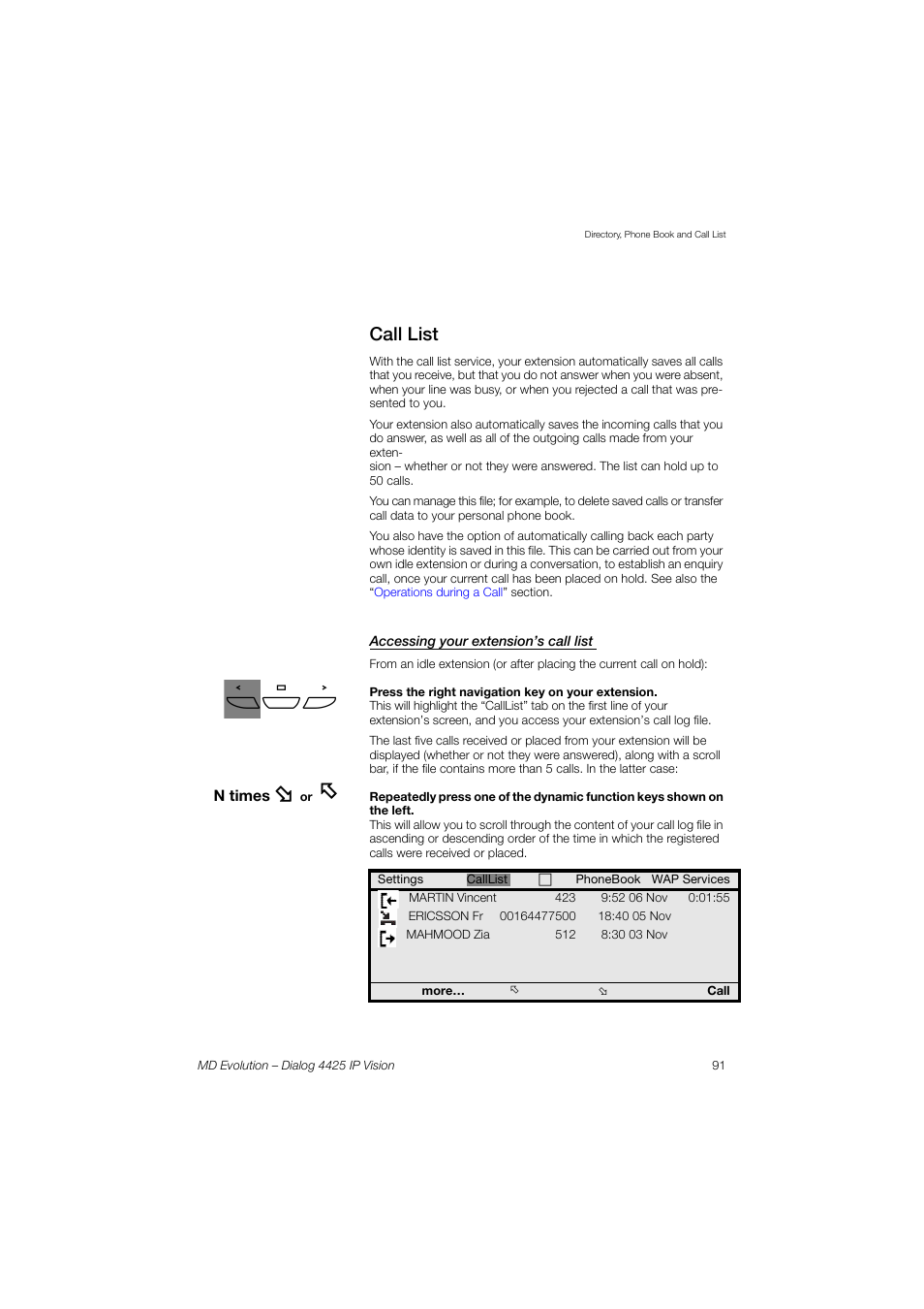 Call list | AASTRA 4425 IP Vision for MD Evolution User Guide User Manual | Page 91 / 224