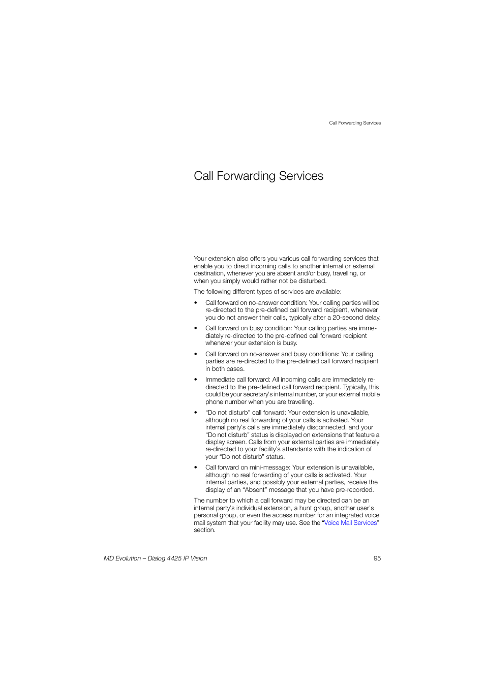 Call forwarding services | AASTRA 4425 IP Vision for MD Evolution User Guide User Manual | Page 95 / 224