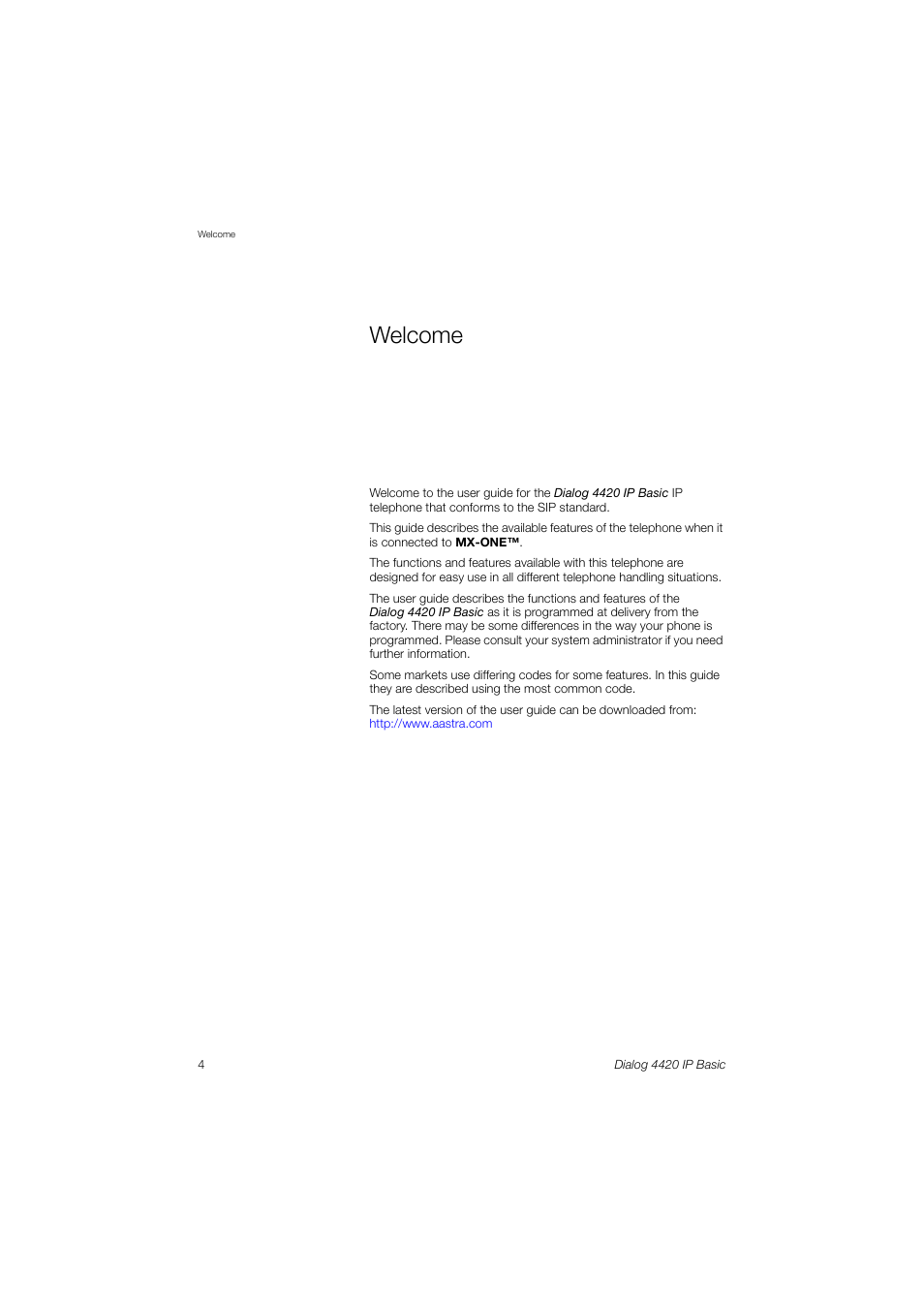 Welcome | AASTRA 4420 IP Basic (SIP) for MX-ONE User Guide User Manual | Page 4 / 72