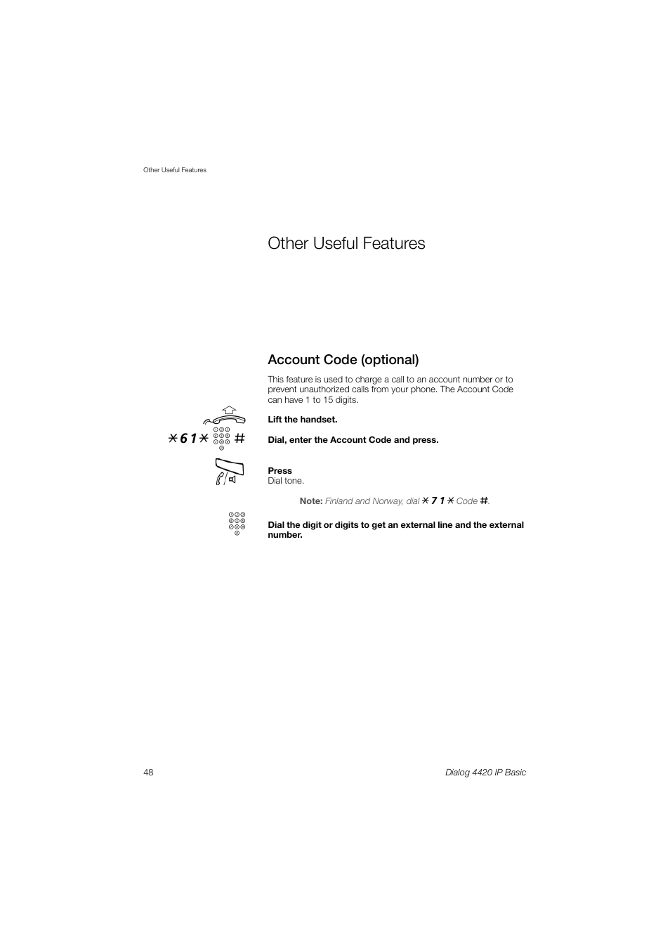 Other useful features, Account code (optional), 61* z | AASTRA 4420 IP Basic (SIP) for MX-ONE User Guide User Manual | Page 48 / 72