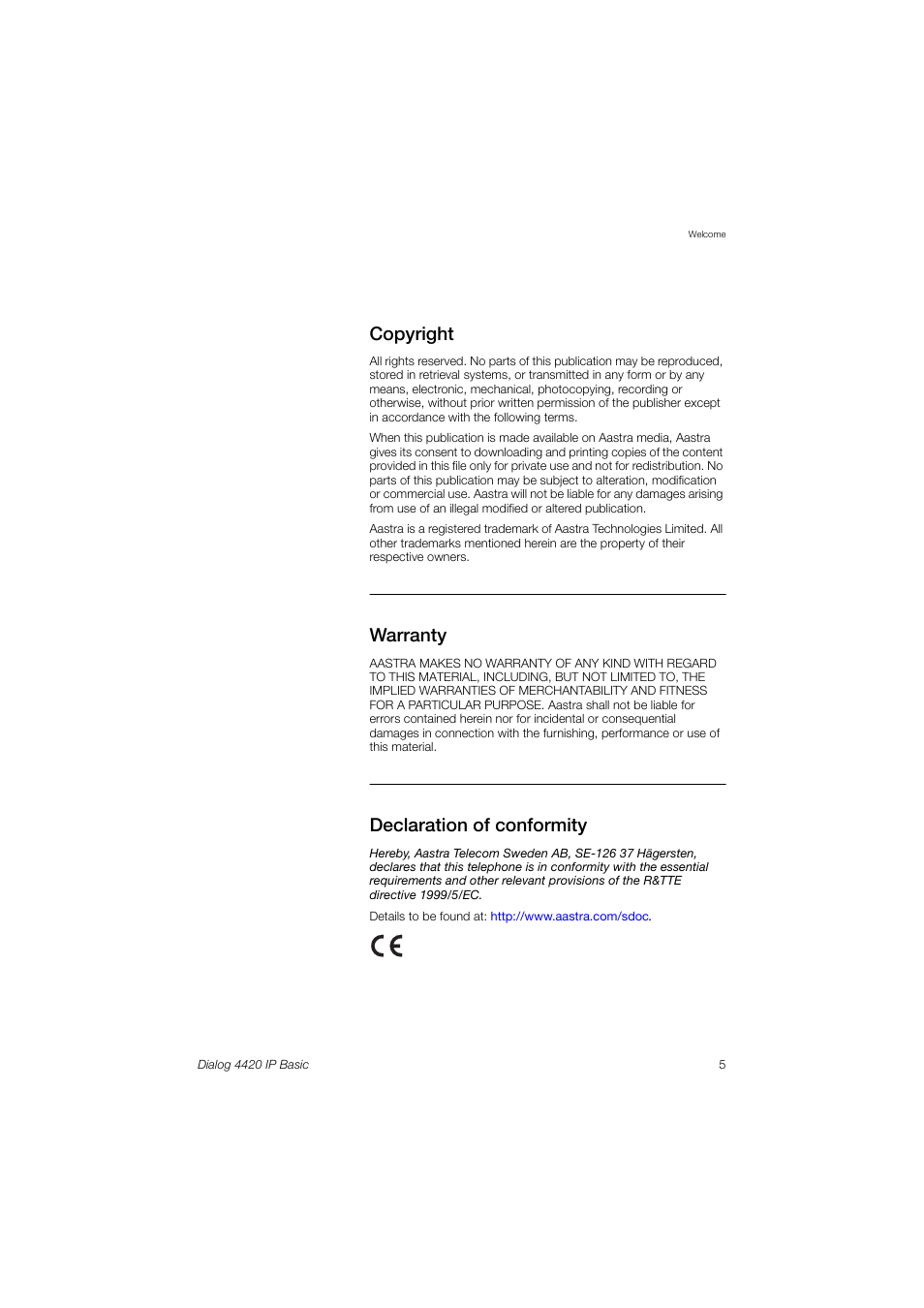 Copyright, Warranty, Declaration of conformity | AASTRA 4420 IP Basic (SIP) for MX-ONE User Guide User Manual | Page 5 / 72
