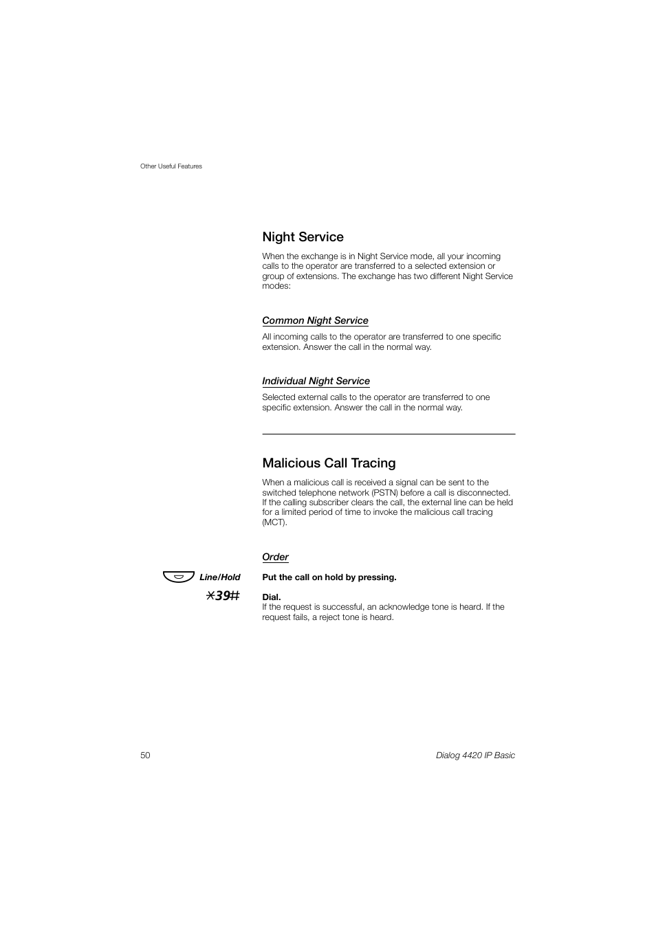 Night service, Malicious call tracing | AASTRA 4420 IP Basic (SIP) for MX-ONE User Guide User Manual | Page 50 / 72