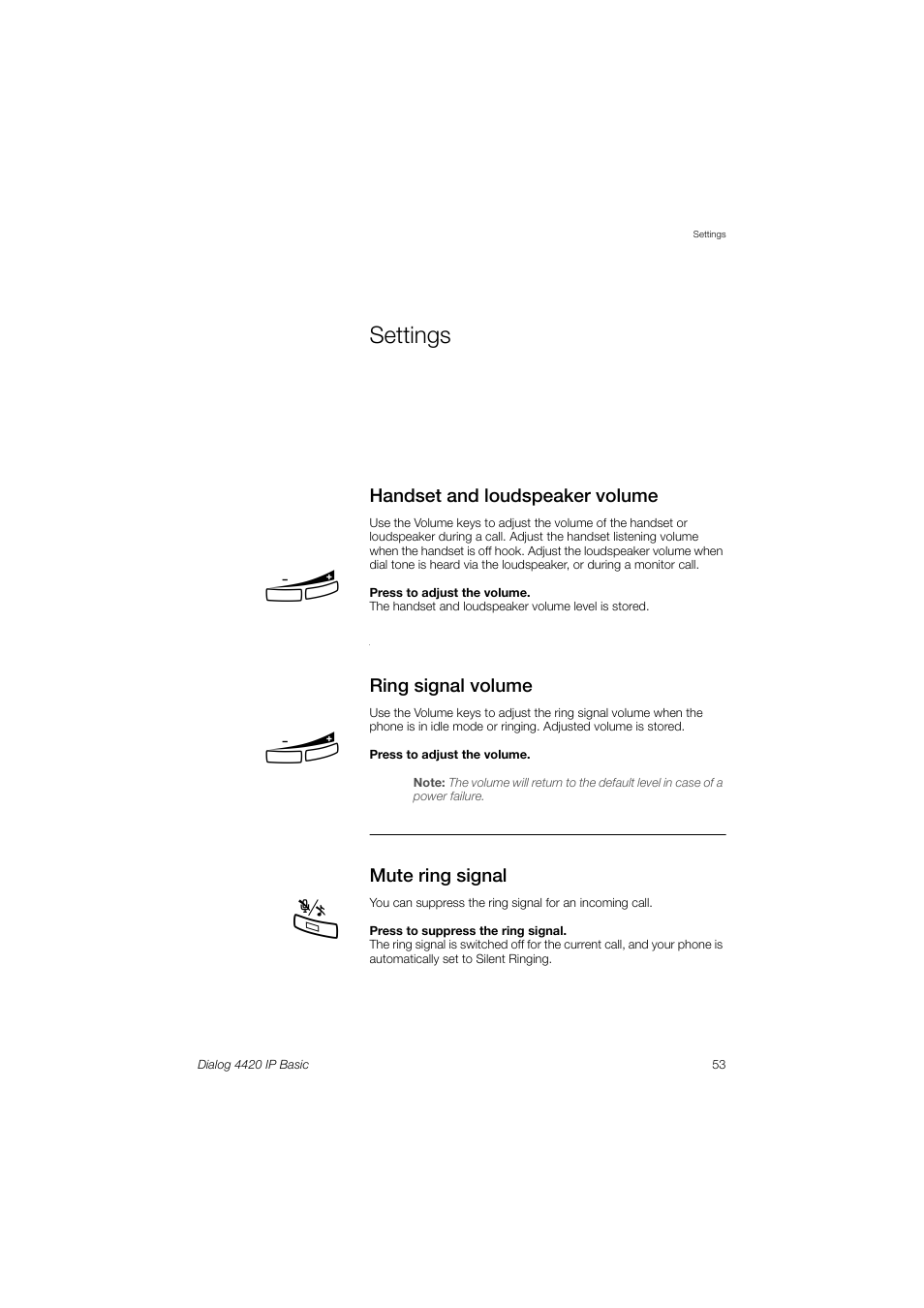 Settings, Handset and loudspeaker volume, Ring signal volume | Mute ring signal, Ions | AASTRA 4420 IP Basic (SIP) for MX-ONE User Guide User Manual | Page 53 / 72