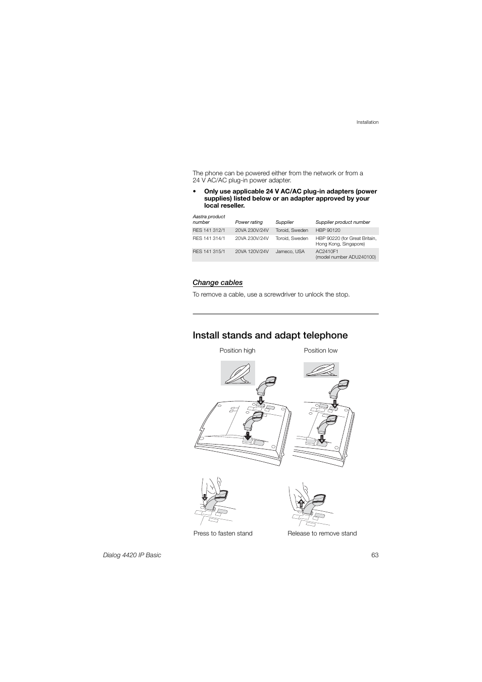 Install stands and adapt telephone, Change cables | AASTRA 4420 IP Basic (SIP) for MX-ONE User Guide User Manual | Page 63 / 72