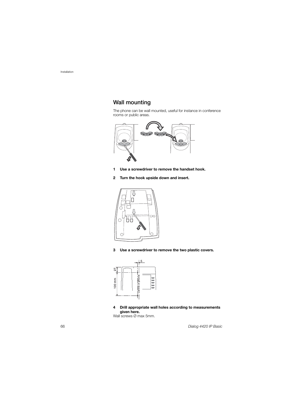 Wall mounting | AASTRA 4420 IP Basic (SIP) for MX-ONE User Guide User Manual | Page 66 / 72