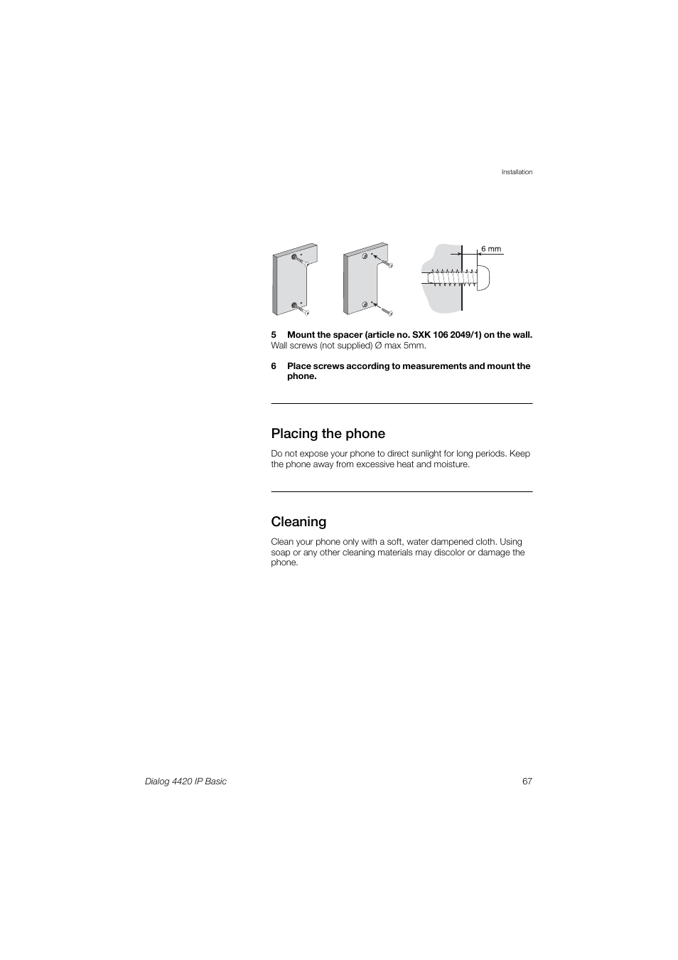 Placing the phone, Cleaning | AASTRA 4420 IP Basic (SIP) for MX-ONE User Guide User Manual | Page 67 / 72