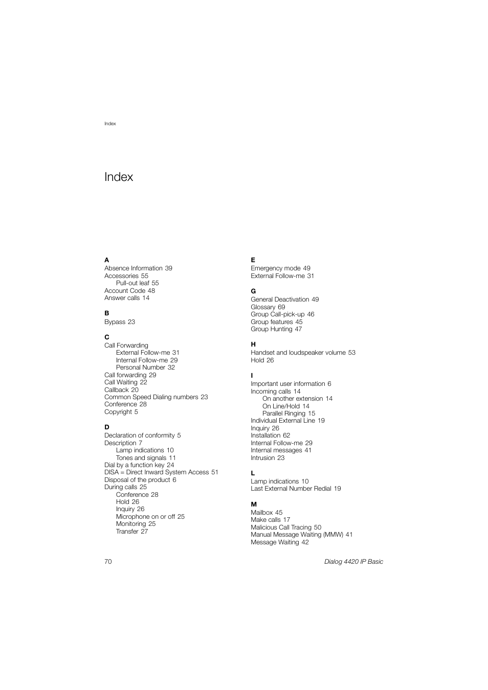 Index | AASTRA 4420 IP Basic (SIP) for MX-ONE User Guide User Manual | Page 70 / 72