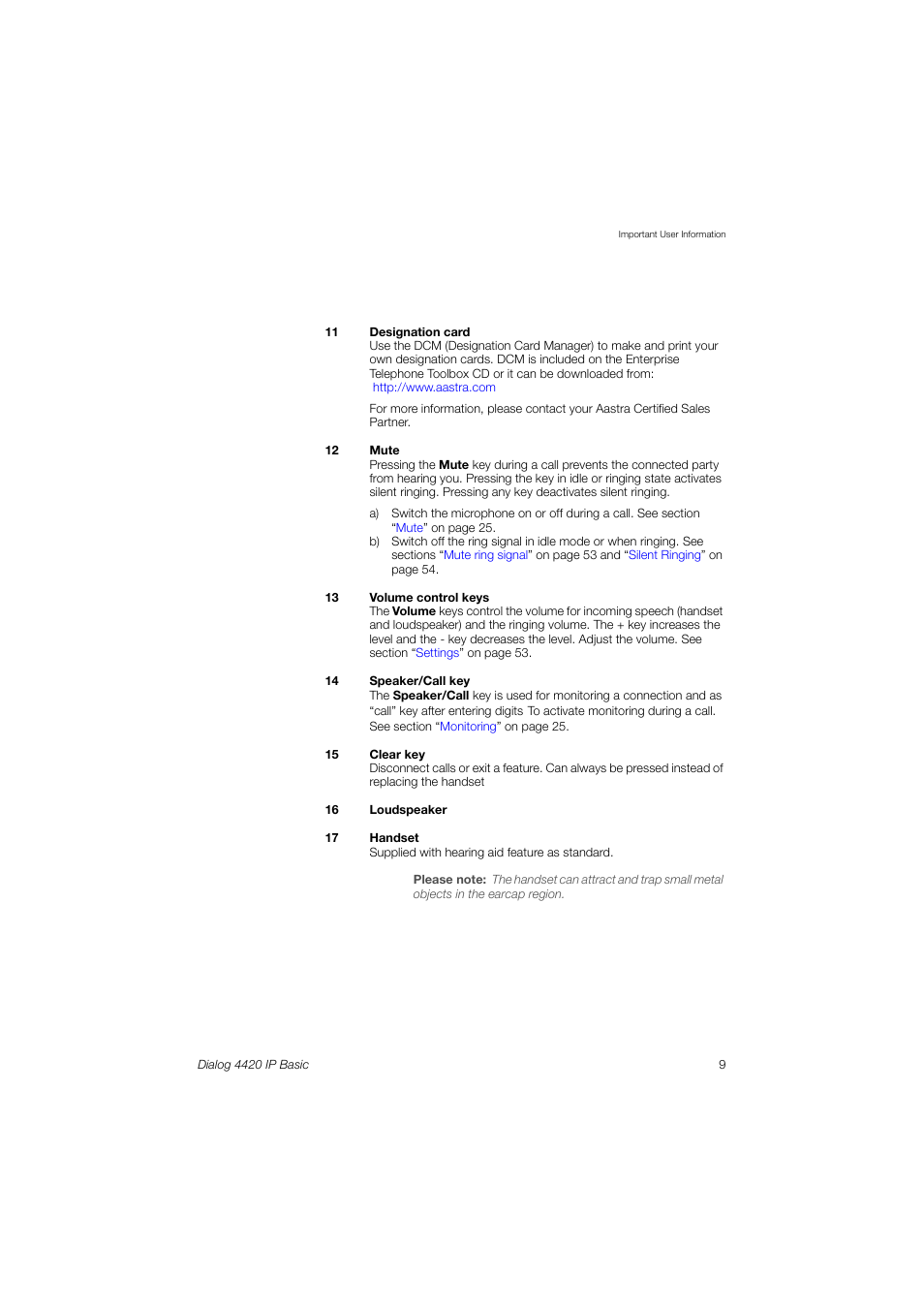 AASTRA 4420 IP Basic (SIP) for MX-ONE User Guide User Manual | Page 9 / 72