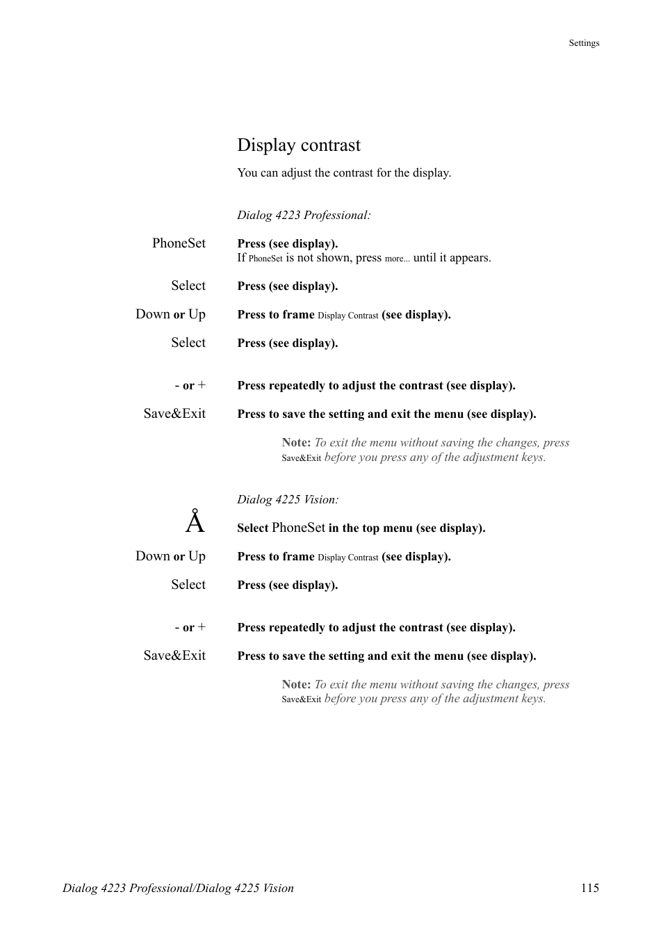 Display contrast | AASTRA 4225 for MX-ONE Telephony Switch User Manual | Page 115 / 139
