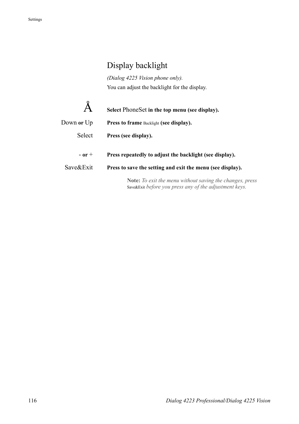 Display backlight | AASTRA 4225 for MX-ONE Telephony Switch User Manual | Page 116 / 139