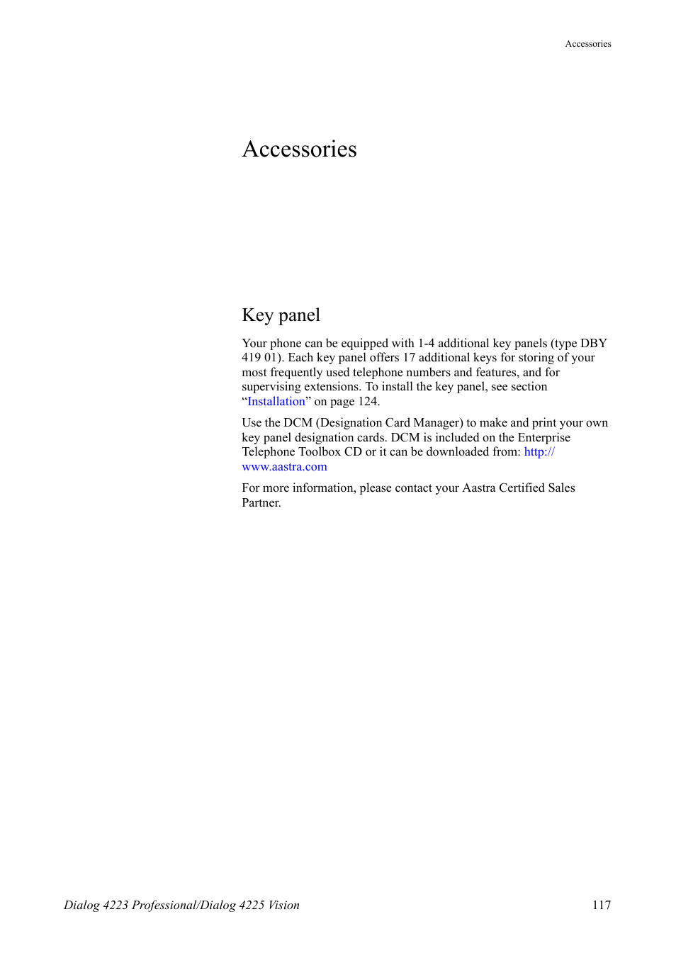 Accessories, Key panel, See section | Section | AASTRA 4225 for MX-ONE Telephony Switch User Manual | Page 117 / 139