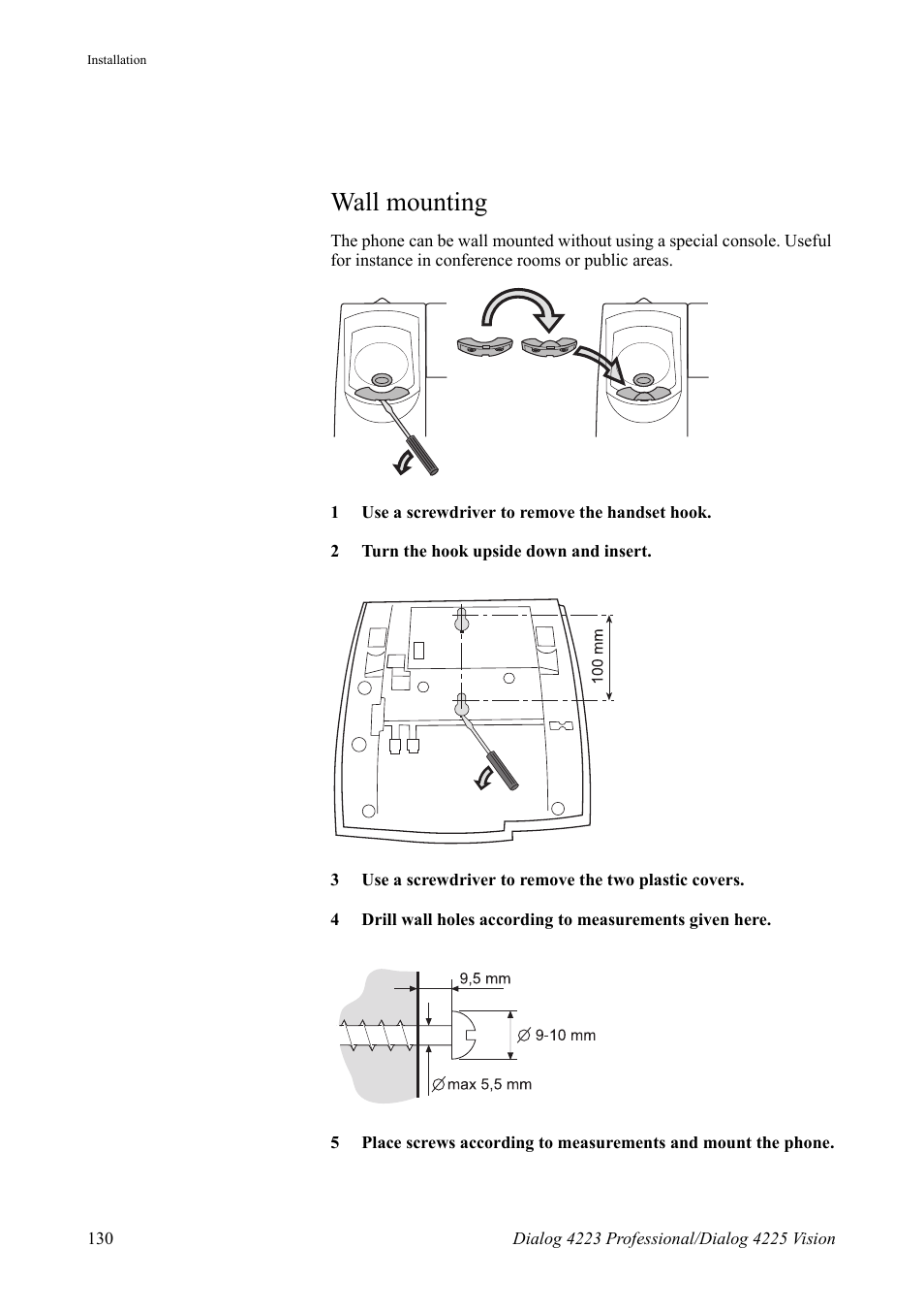 Wall mounting | AASTRA 4225 for MX-ONE Telephony Switch User Manual | Page 130 / 139