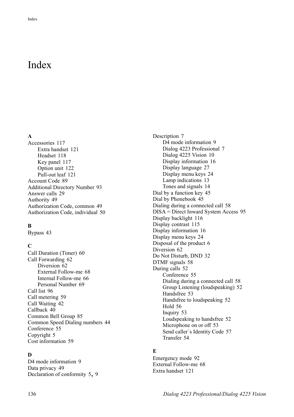 Index | AASTRA 4225 for MX-ONE Telephony Switch User Manual | Page 136 / 139