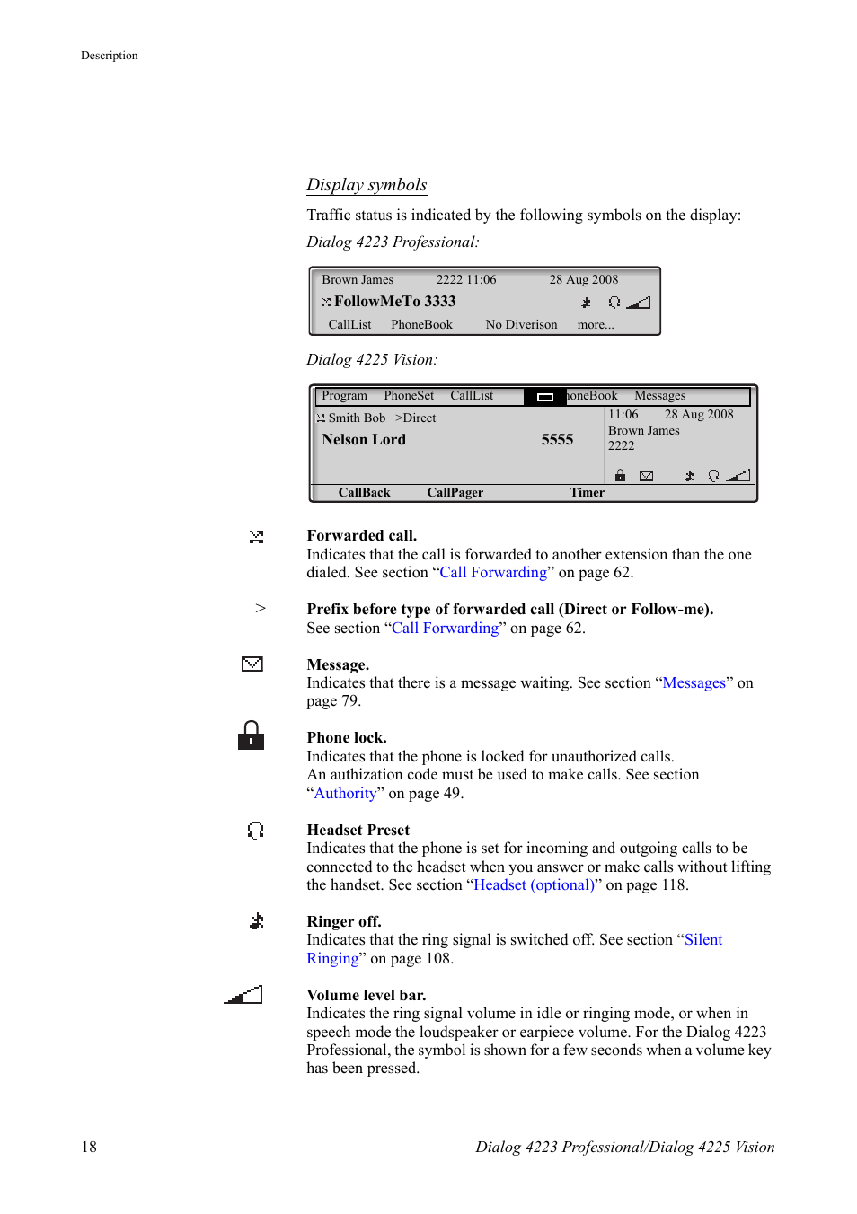 Display symbols | AASTRA 4225 for MX-ONE Telephony Switch User Manual | Page 18 / 139
