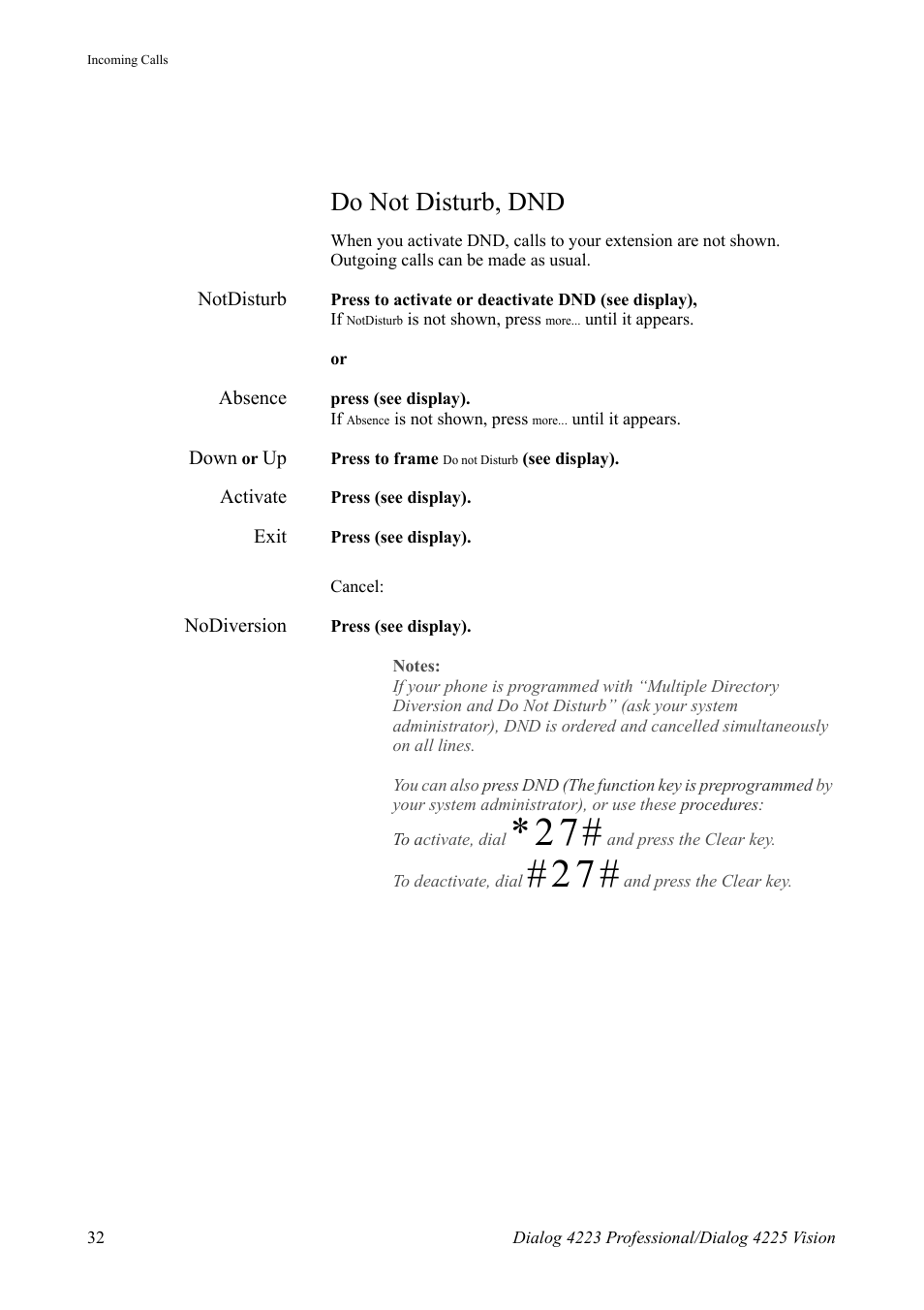 Do not disturb, dnd | AASTRA 4225 for MX-ONE Telephony Switch User Manual | Page 32 / 139