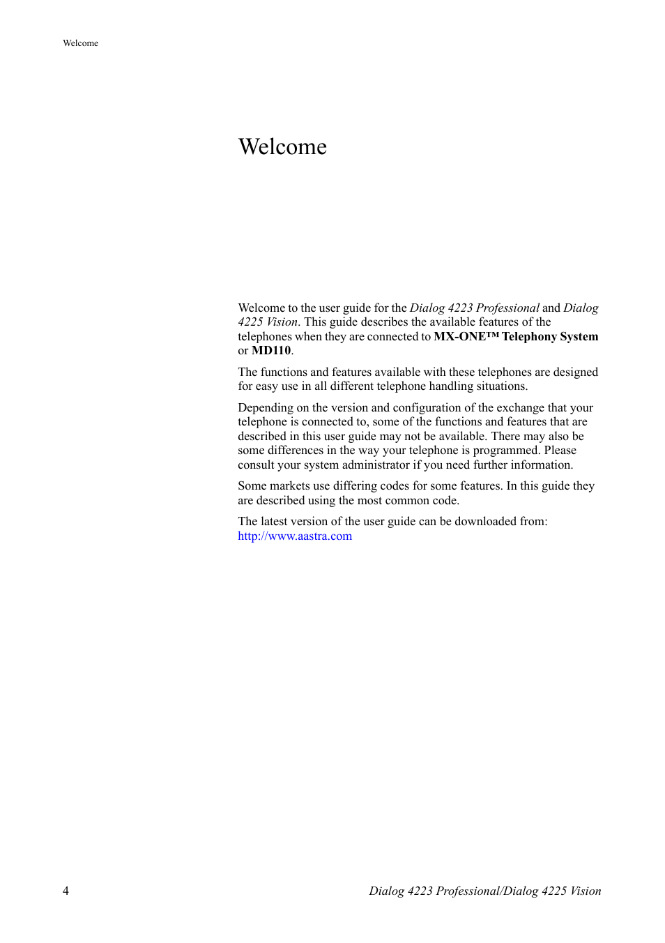 Welcome | AASTRA 4225 for MX-ONE Telephony Switch User Manual | Page 4 / 139