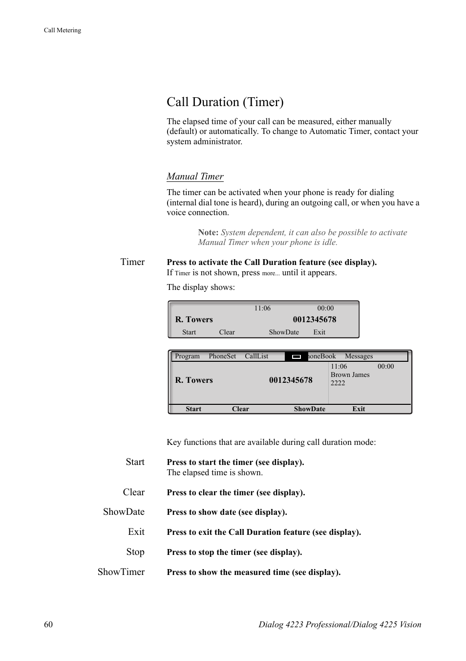 Call duration (timer) | AASTRA 4225 for MX-ONE Telephony Switch User Manual | Page 60 / 139