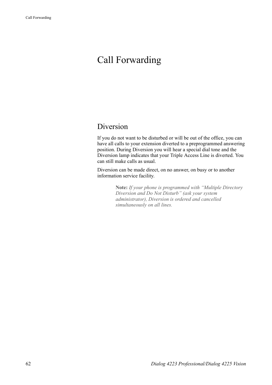 Call forwarding, Diversion, Section | Ction | AASTRA 4225 for MX-ONE Telephony Switch User Manual | Page 62 / 139