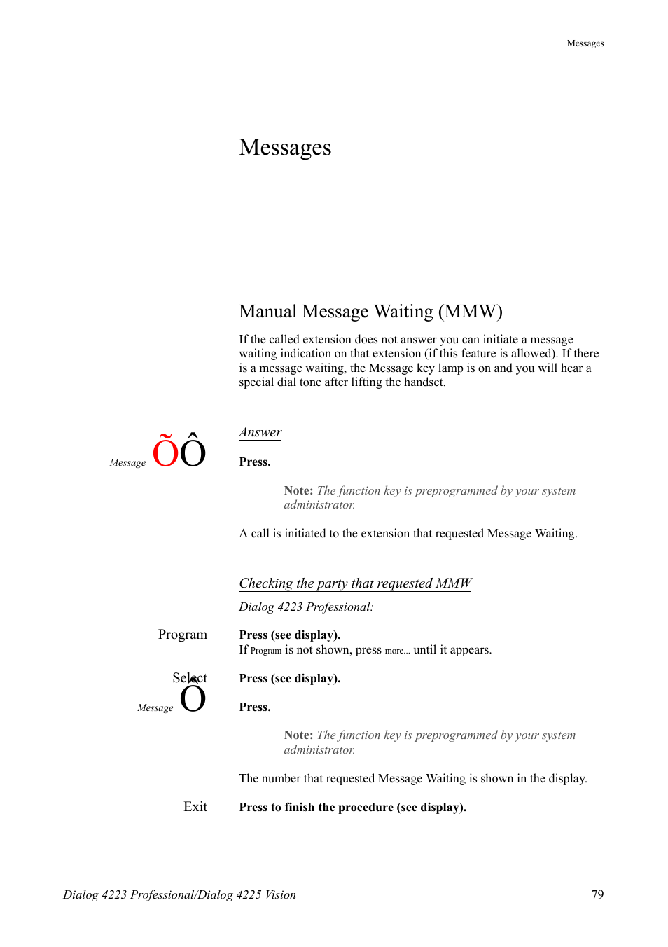 Messages, Manual message waiting (mmw), Ction | See section | AASTRA 4225 for MX-ONE Telephony Switch User Manual | Page 79 / 139