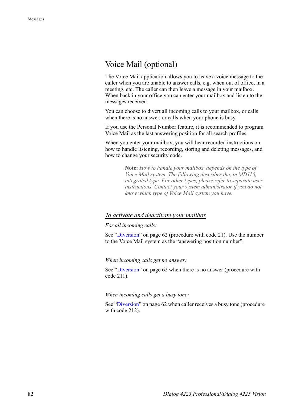 Voice mail (optional) | AASTRA 4225 for MX-ONE Telephony Switch User Manual | Page 82 / 139