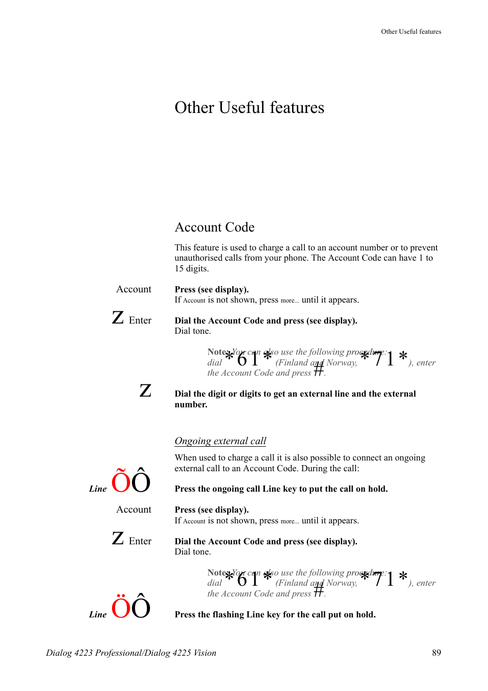 Other useful features, Account code | AASTRA 4225 for MX-ONE Telephony Switch User Manual | Page 89 / 139