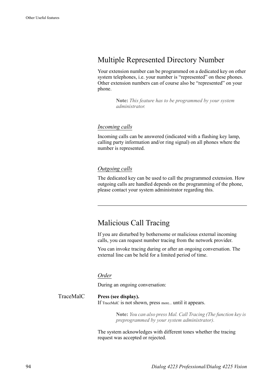 Multiple represented directory number, Malicious call tracing | AASTRA 4225 for MX-ONE Telephony Switch User Manual | Page 94 / 139