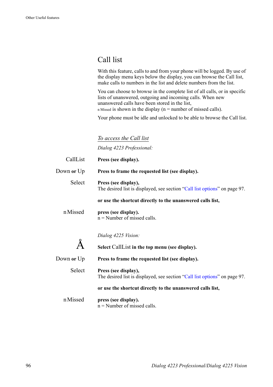 Call list, Ction | AASTRA 4225 for MX-ONE Telephony Switch User Manual | Page 96 / 139