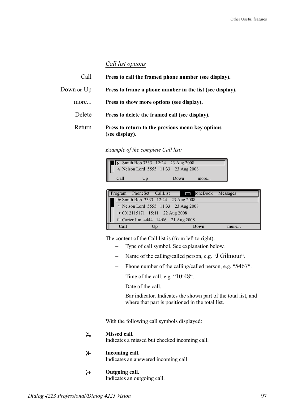 See section, Call list options | AASTRA 4225 for MX-ONE Telephony Switch User Manual | Page 97 / 139