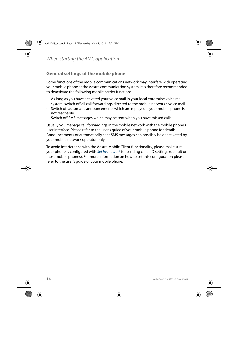 General settings of the mobile phone, When starting the amc application | AASTRA AMC EN User Manual | Page 14 / 35