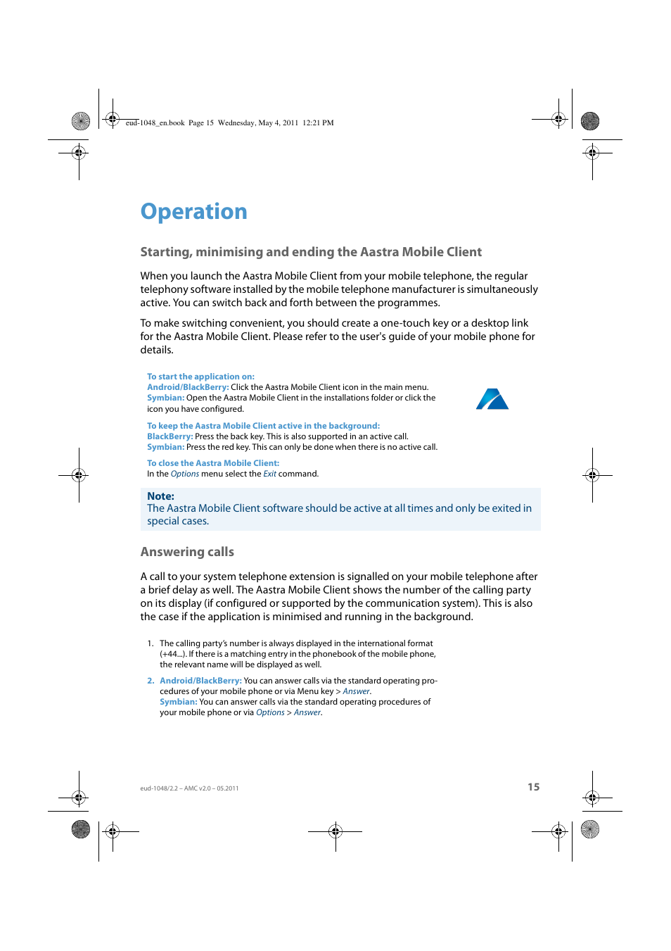 Operation, Answering calls | AASTRA AMC EN User Manual | Page 15 / 35