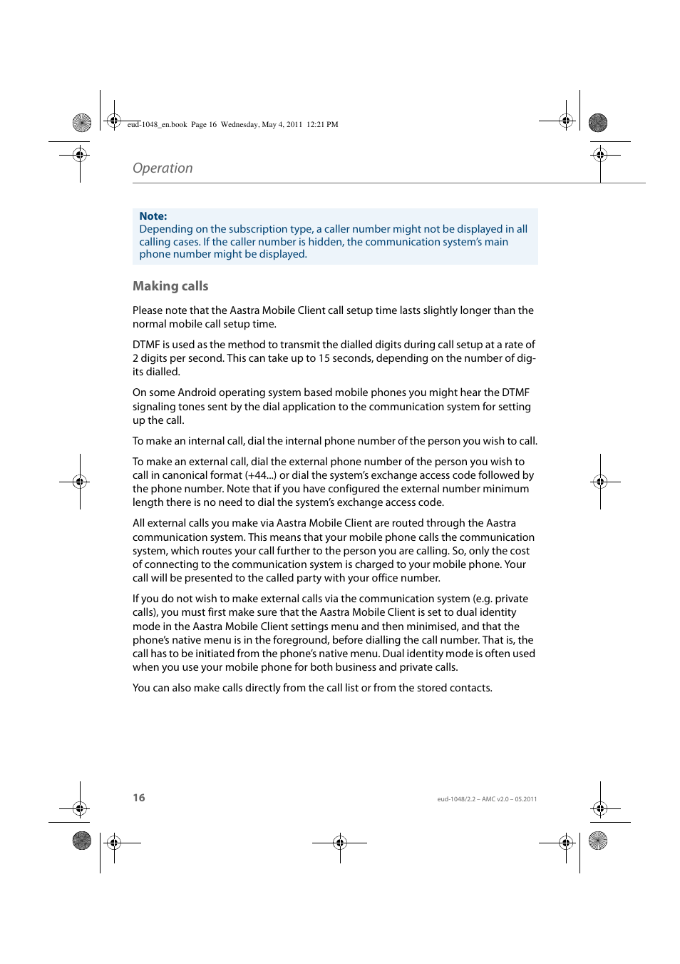 Making calls, Operation | AASTRA AMC EN User Manual | Page 16 / 35