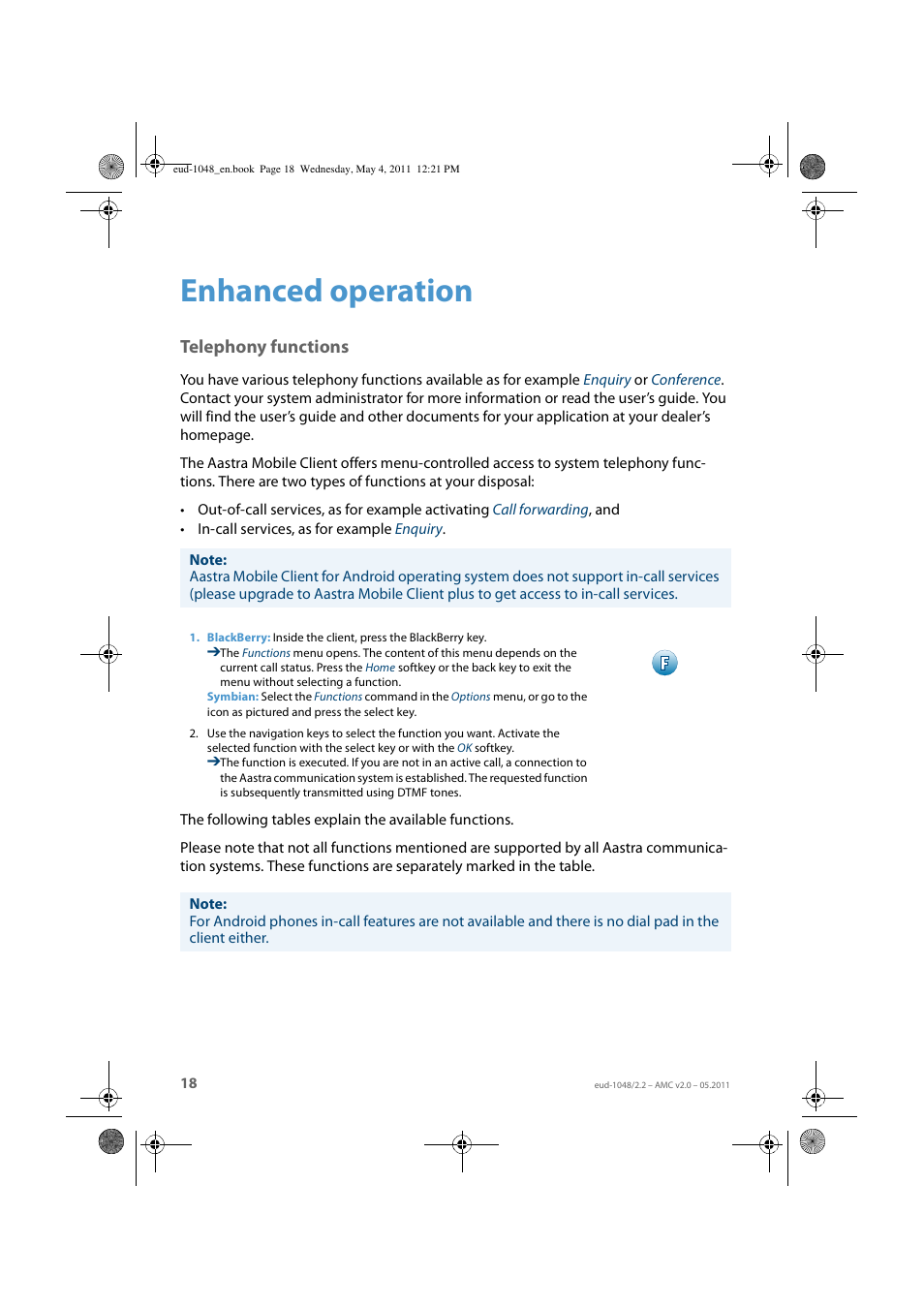 Enhanced operation, Telephony functions | AASTRA AMC EN User Manual | Page 18 / 35