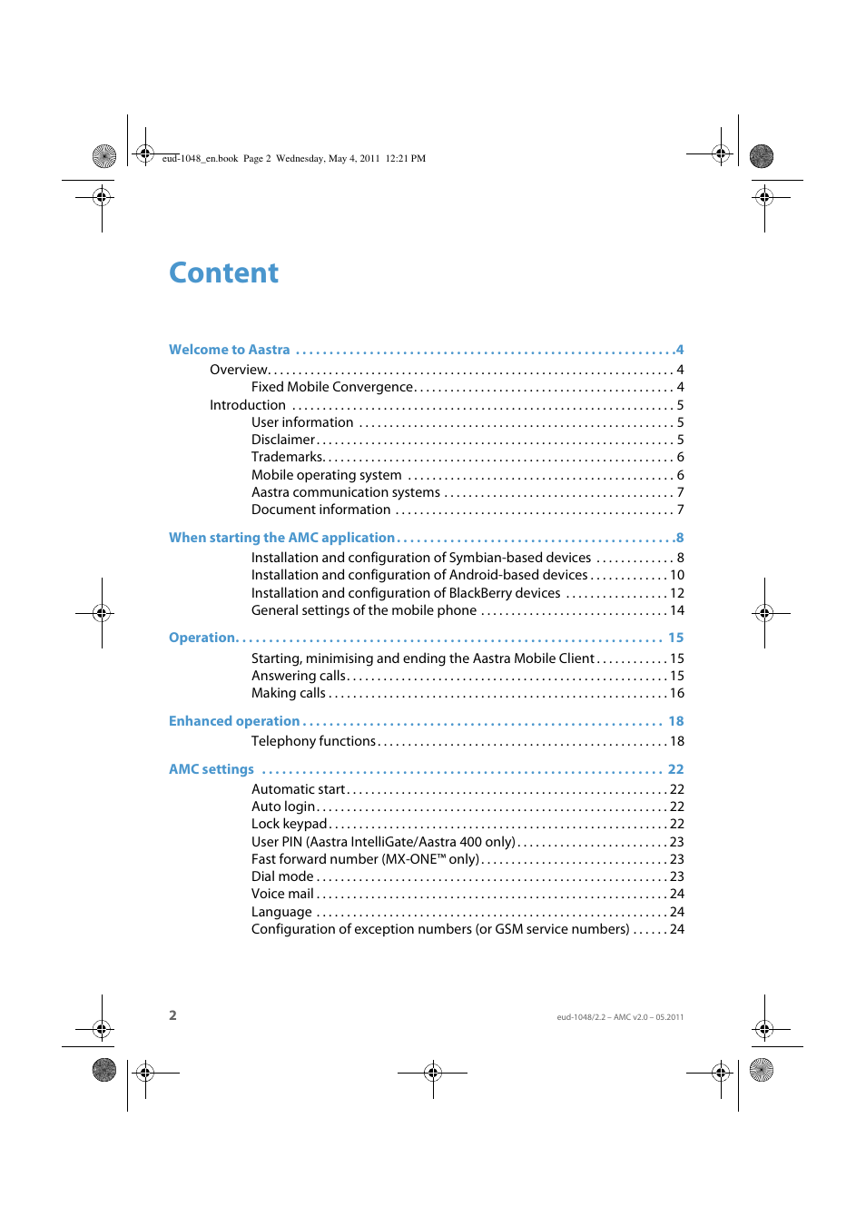 Content | AASTRA AMC EN User Manual | Page 2 / 35