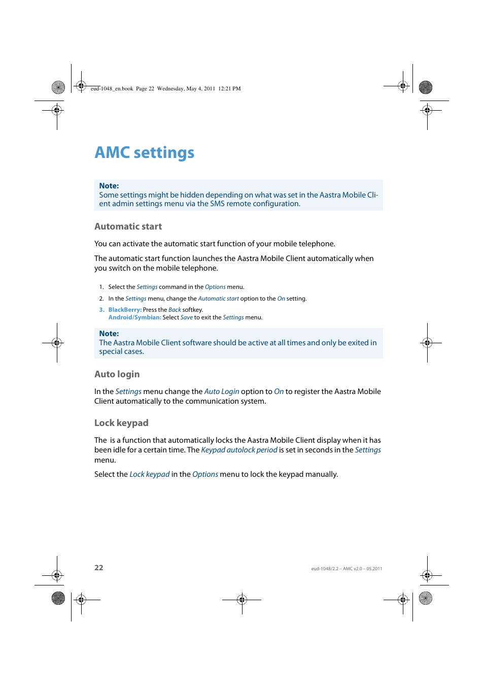 Amc settings, Automatic start, Auto login | Lock keypad, Automatic start auto login lock keypad | AASTRA AMC EN User Manual | Page 22 / 35