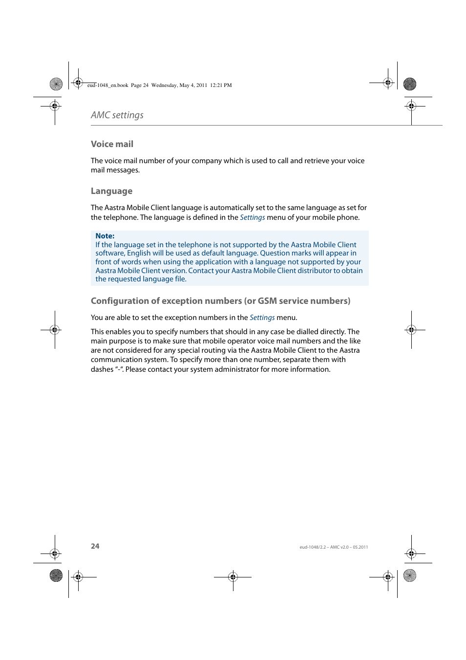 Voice mail, Language, Amc settings | AASTRA AMC EN User Manual | Page 24 / 35