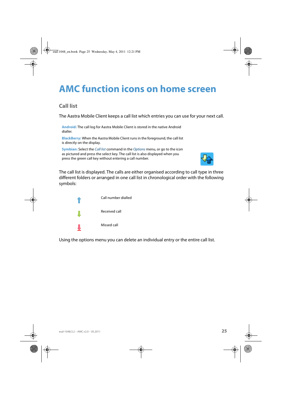 Amc function icons on home screen, Call list | AASTRA AMC EN User Manual | Page 25 / 35