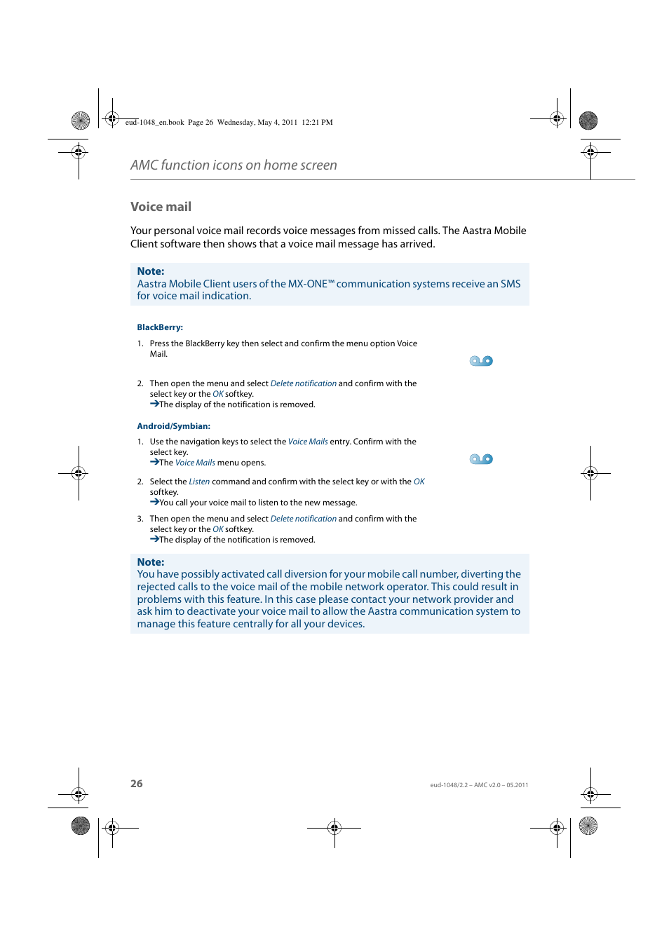 Voice mail, Amc function icons on home screen | AASTRA AMC EN User Manual | Page 26 / 35