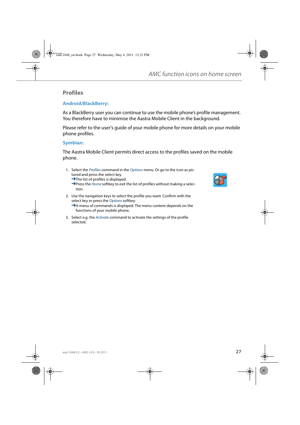 Profiles, Amc function icons on home screen | AASTRA AMC EN User Manual | Page 27 / 35