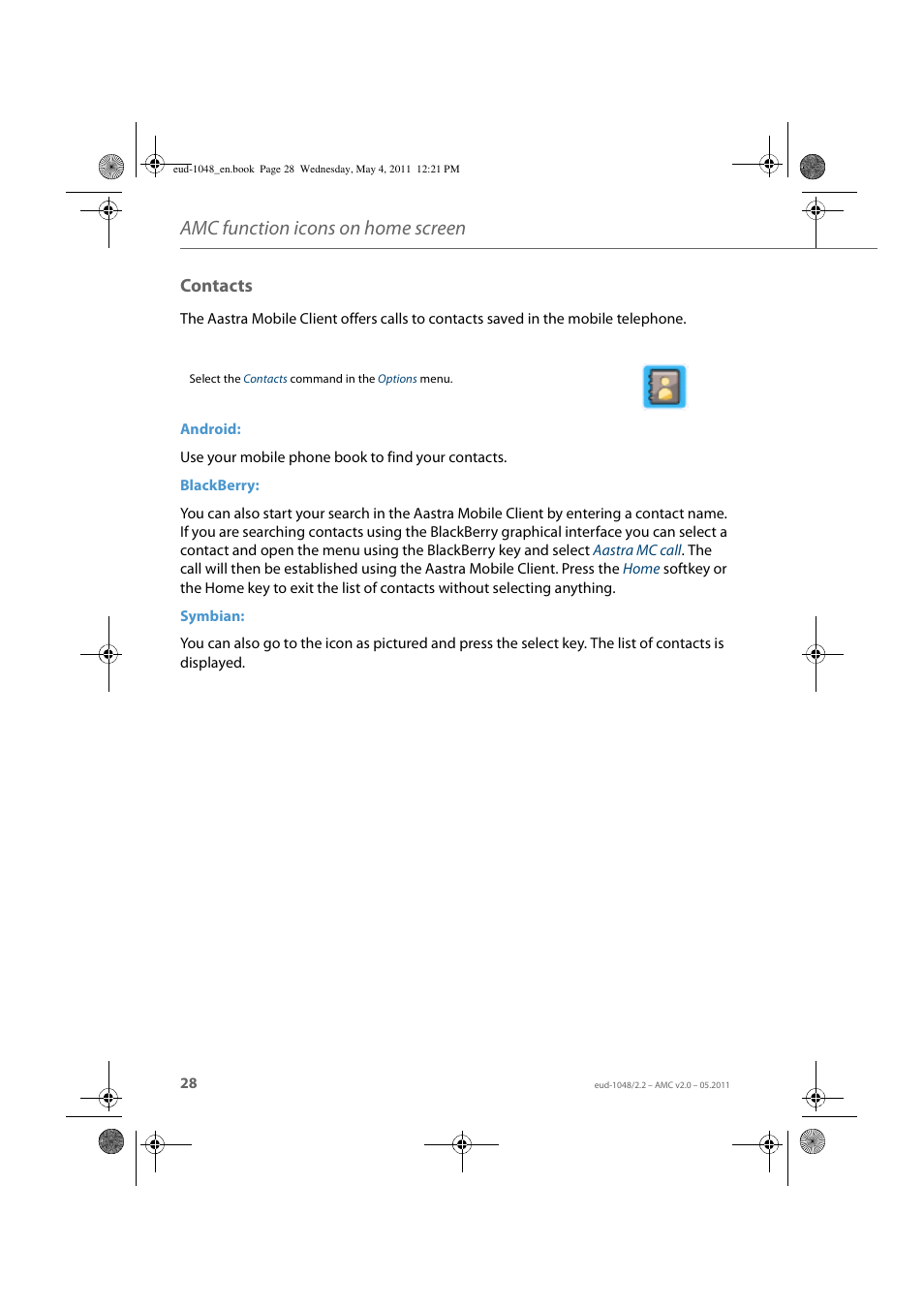 Contacts, Amc function icons on home screen | AASTRA AMC EN User Manual | Page 28 / 35