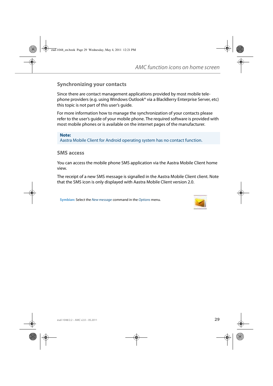 Synchronizing your contacts, Sms access, Synchronizing your contacts sms access | Amc function icons on home screen | AASTRA AMC EN User Manual | Page 29 / 35