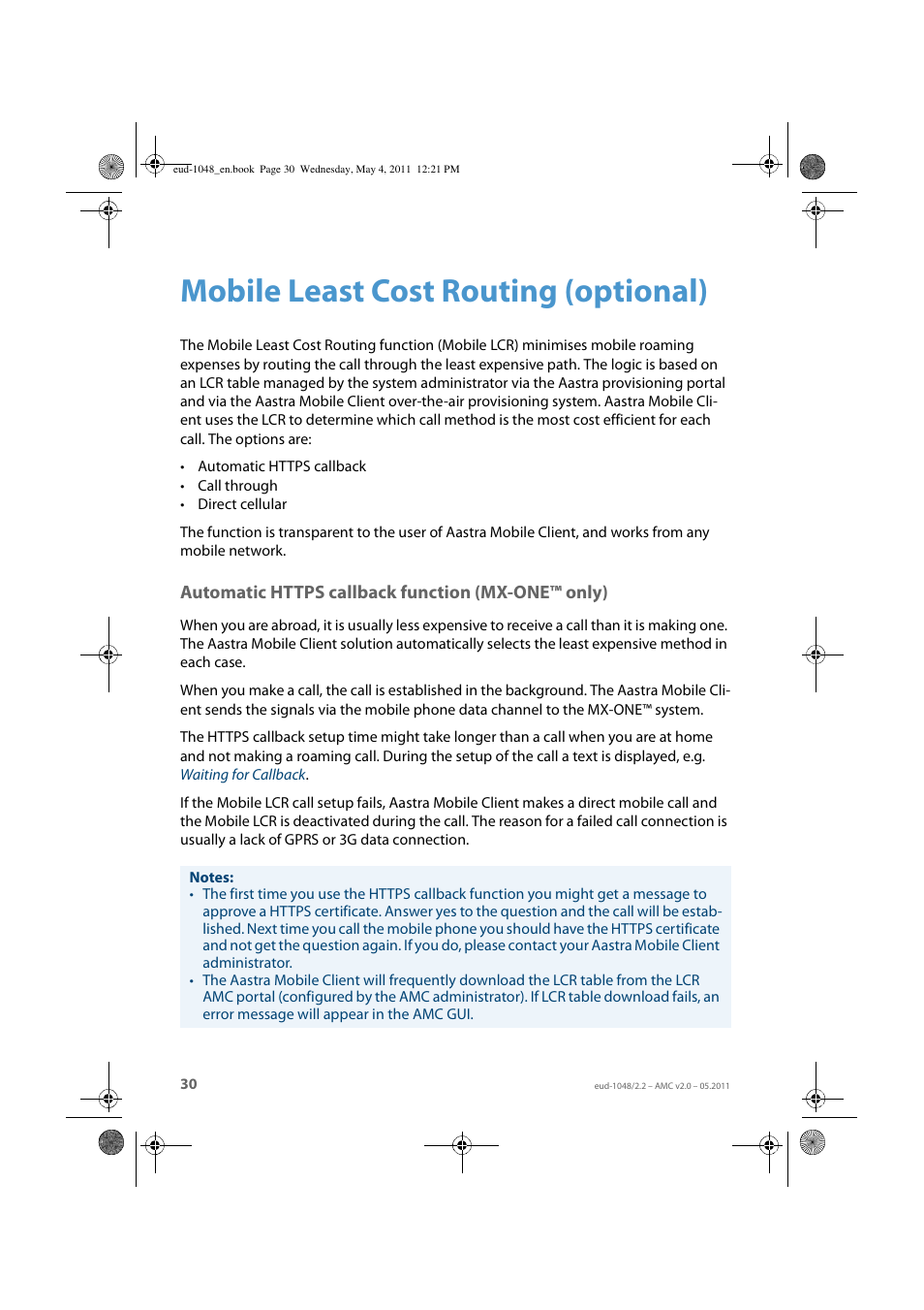 Mobile least cost routing (optional), Automatic https callback function (mx-one™ only) | AASTRA AMC EN User Manual | Page 30 / 35