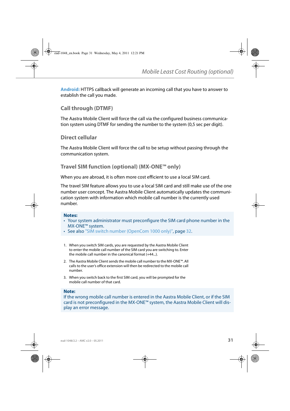 Call through (dtmf), Direct cellular, Travel sim function (optional) (mx-one™ only) | Mobile least cost routing (optional) | AASTRA AMC EN User Manual | Page 31 / 35